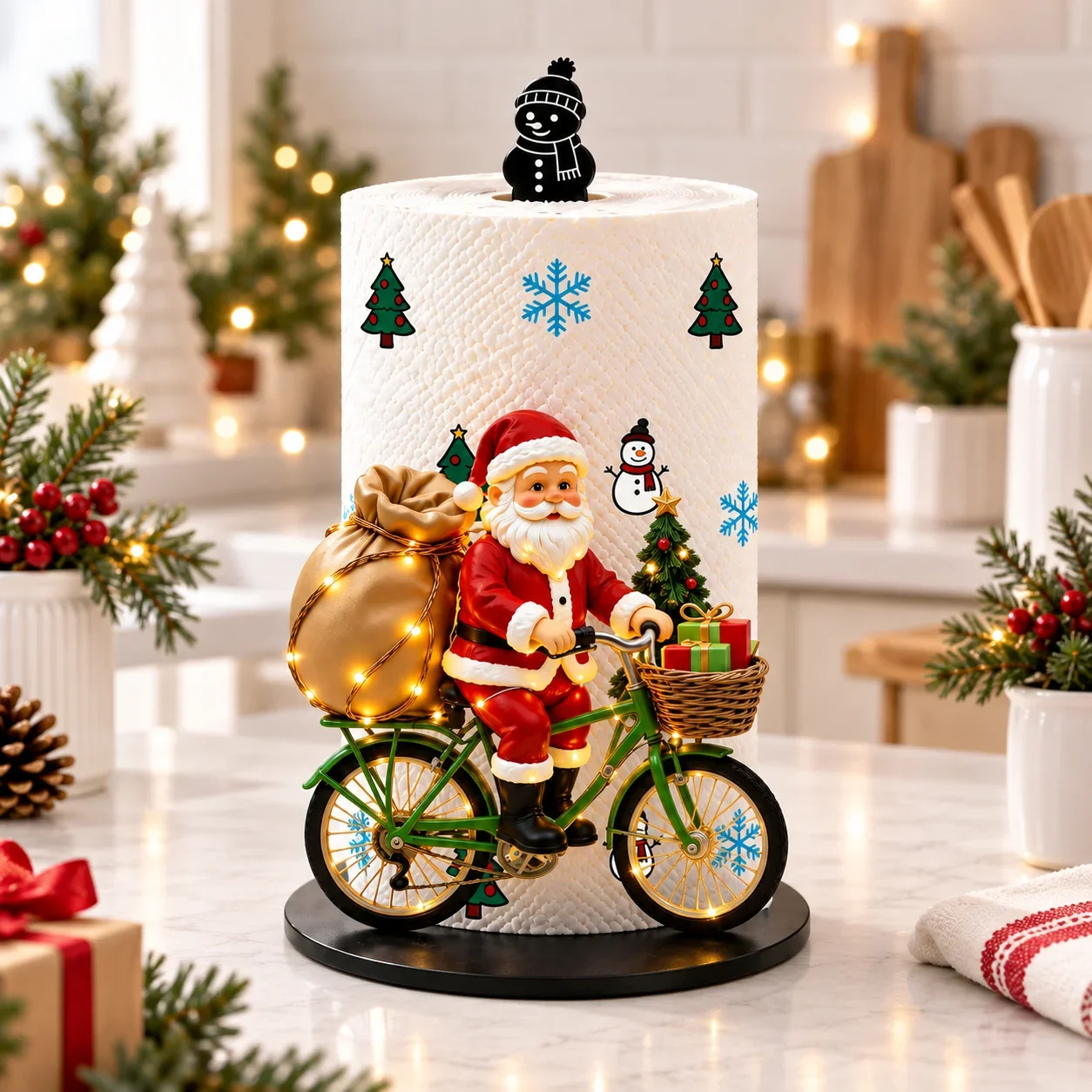 Christmas Paper Towel Holder Santa Bicycle Tissue Roll Stand Holiday Kitchen Countertop Decor Napkin Holder Home Table Decor