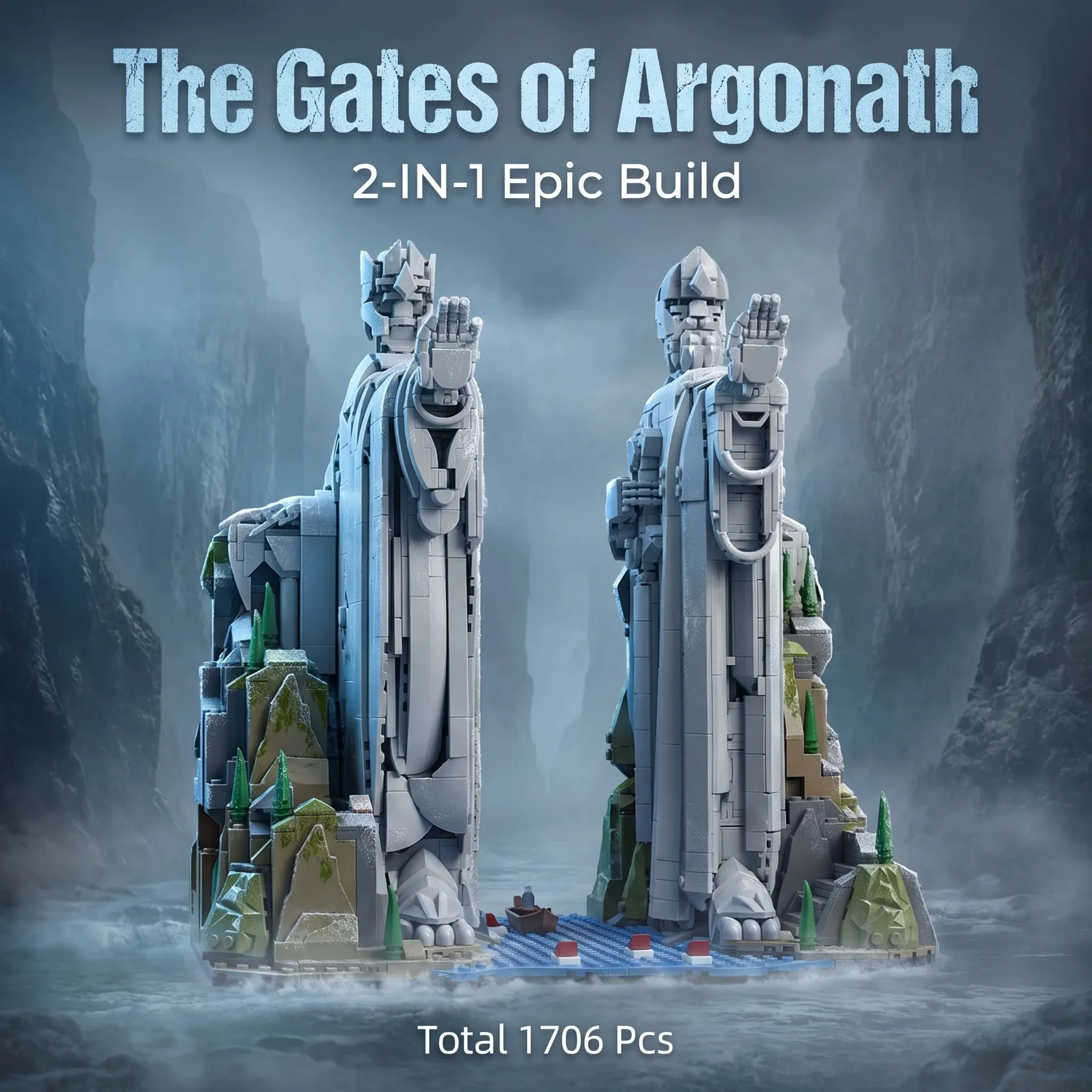Set de Construcción de la Estatua Gigante de Argonath 2 en 1, Escena Famosa de El Señor de los Anillos, Modelo Coleccionable para Decoración de Escritorio, para Aficionados, 839+867 Piezas