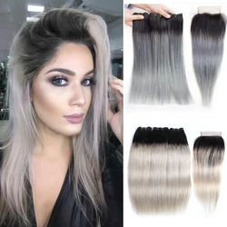 1B Dark Grey Ombre Human Hair 2/3 Bundles with Closure Transparent Lace Free Part Straight Remy Hair Weave Extension MOGUL HAIR