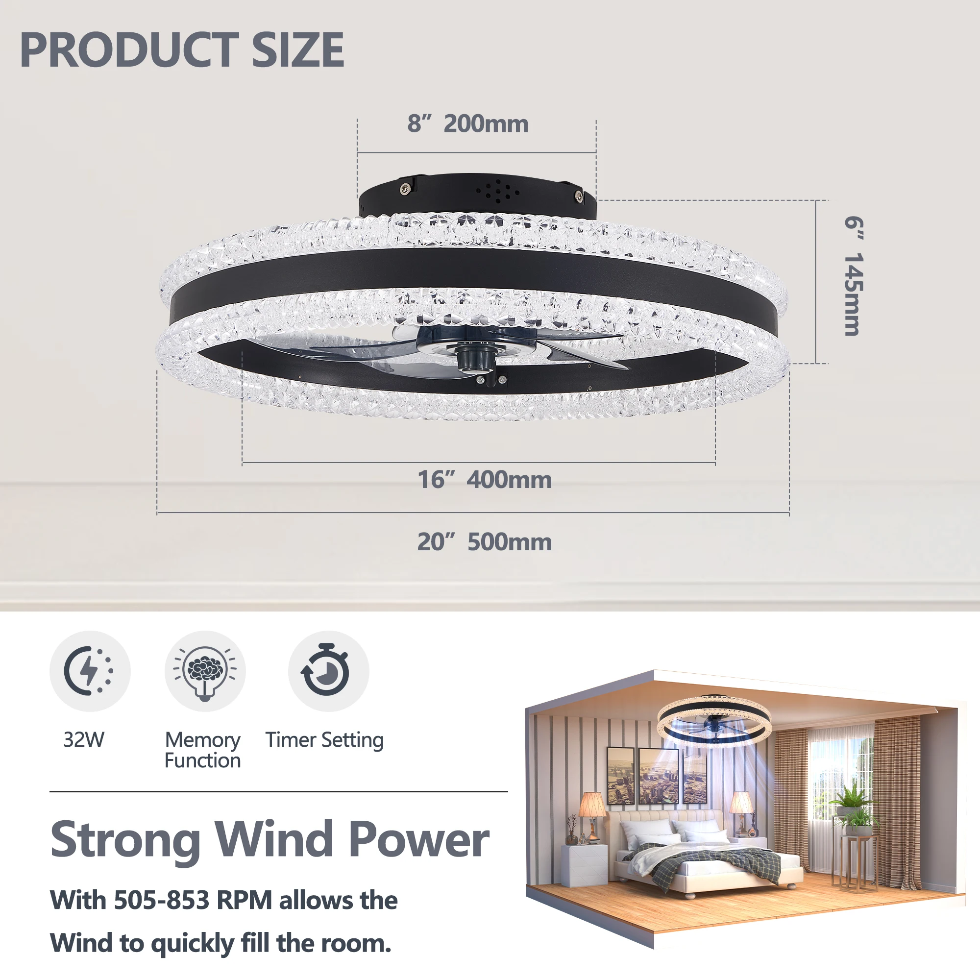 20" Luxury Double Ring LED Ceiling Fan with Light,Modern Flush Mount Design, Dimmable Lighting , Low Profile Silent Fan(Black)