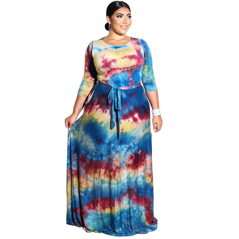 

New African Women Dress Dashiki Autumn Printed Tie Dye Dress With Belt Long Sleeve Dress Elegant Türkiye Dress Islamic Dress