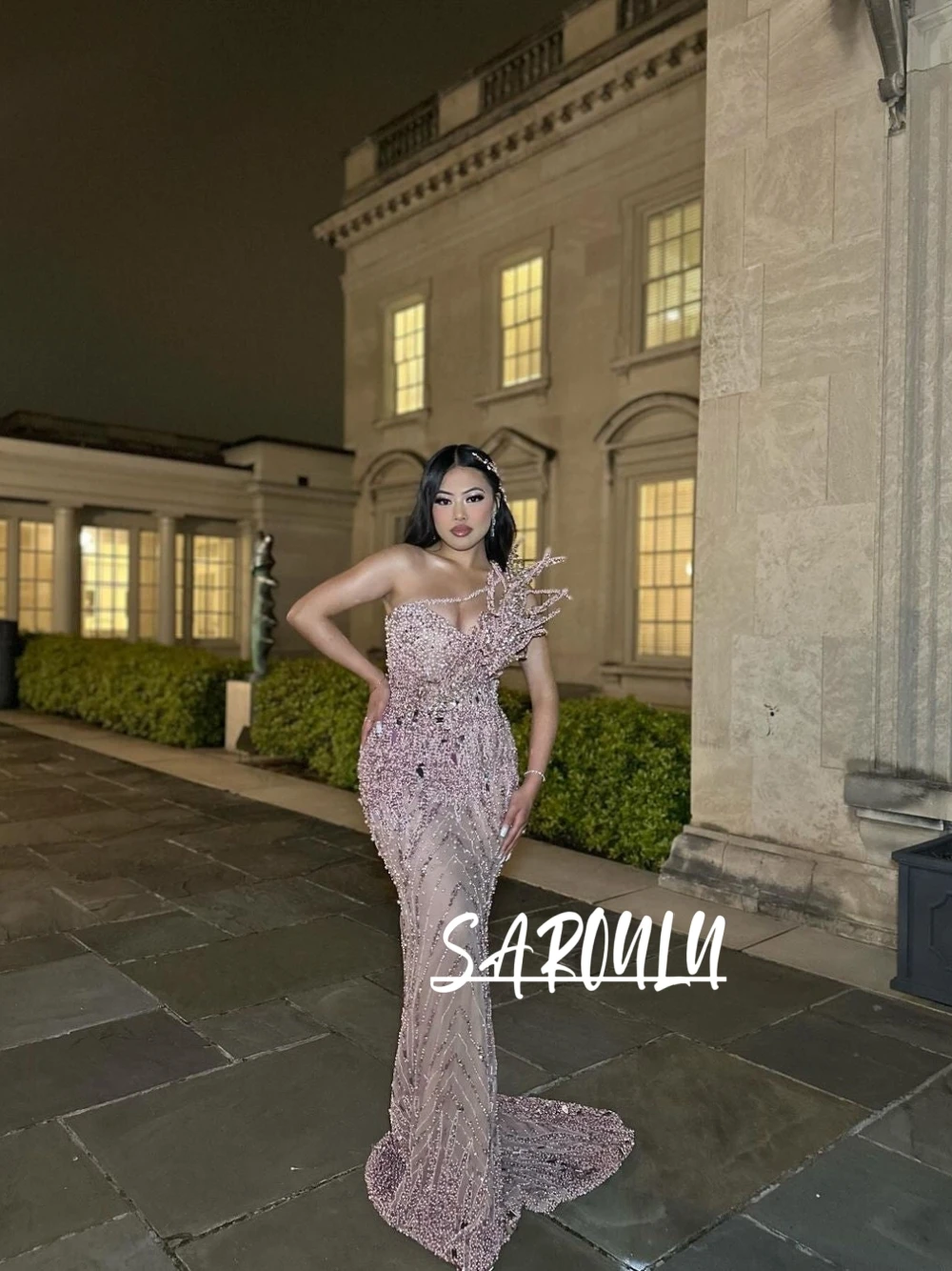 

Pink Statement Mermaid Evening Dress Luxury Pearls 3D Design Unique Prom Gown Customized Sexy Shiny Cocktail Dinner Party Wear