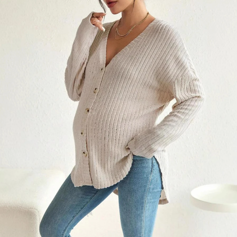 

Maternity Clothes Long Sleeved Tees Pregnant Woman Clothing T-shirt Front Button Cardigan Shoulder Sleeved Pregnancy T-shirt