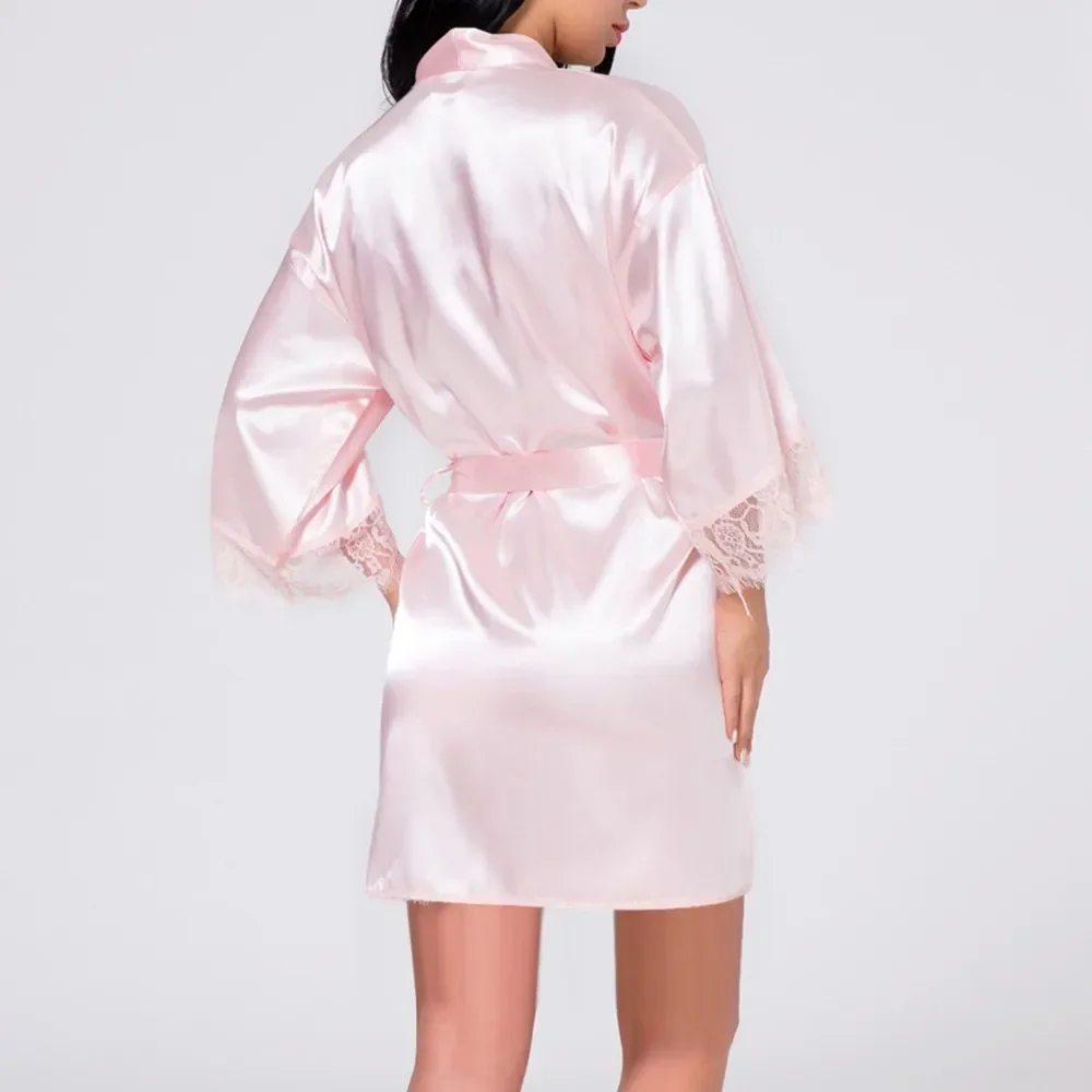 Women Night Gown Robe Lace Bathrobe Halt Sleeve Nightdress Female French Sexy Silky Satin Solid Color Sleepwear With Belt