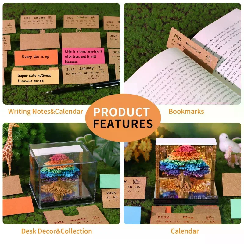 Time Piece Calendar 2026 Desk Calendar With LED Light 3D Tear-away Calendar Paper Carving Art Memo Pad Notepad Gift Christmas