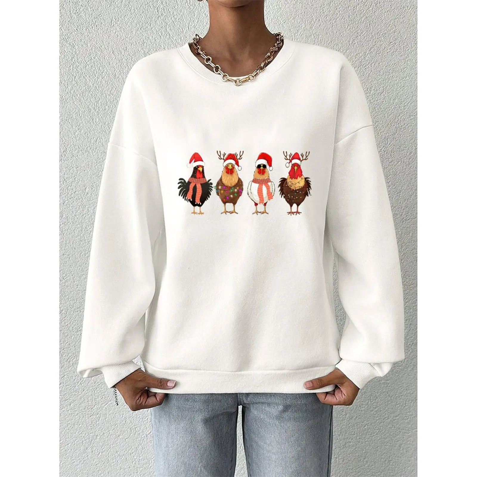 المرأة س الرقبة البلوز المخملية الشتاء عارضة فضفاضة مريحة عيد الميلاد الدجاج المطبوعة نمط البلوفرات سترة طويلة الأكمام