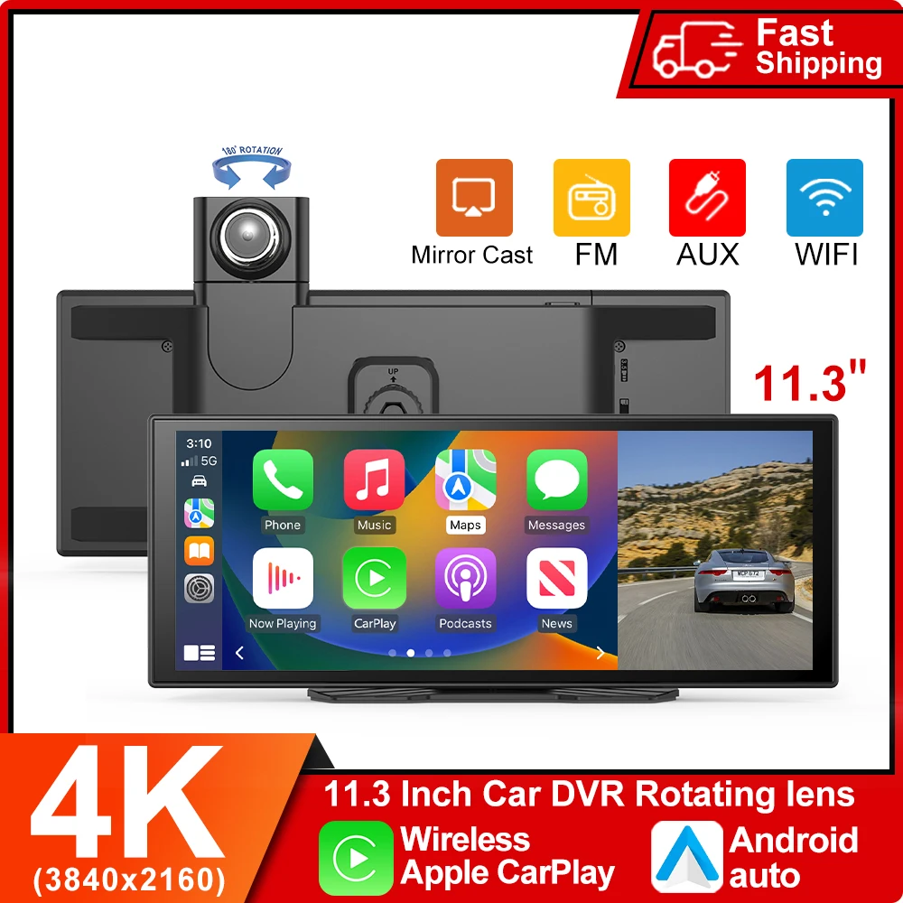

10/11,3-дюймовый автомобильный видеорегистратор DashCam 4K, беспроводной Carplay и Android, авто GPS-навигатор, видеорегистратор, приборная панель, видеорегистратор, автомобильное радио