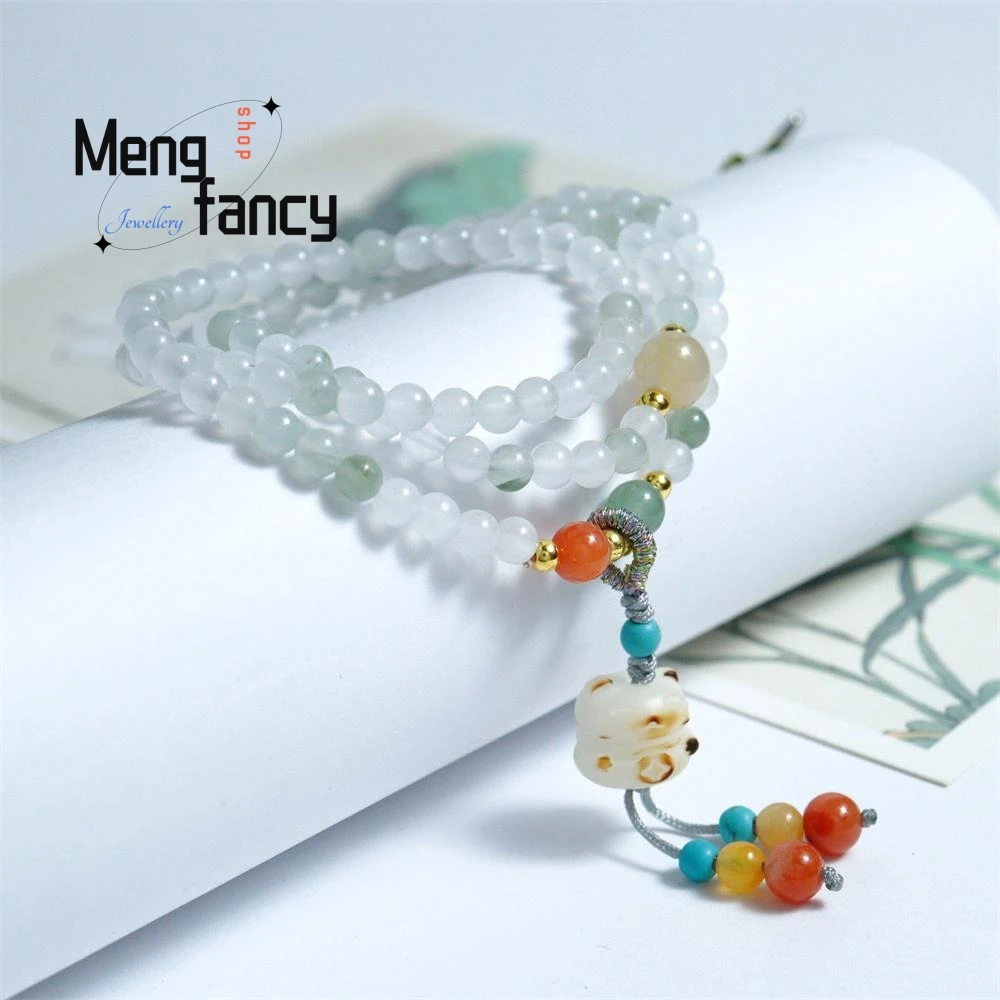 Natural Tianshan Jade Triple-ring Exquisite Elegant Simple High-grade Bracelet Fortune Cat Pendant Fashion Jewelry Holiday Gifts