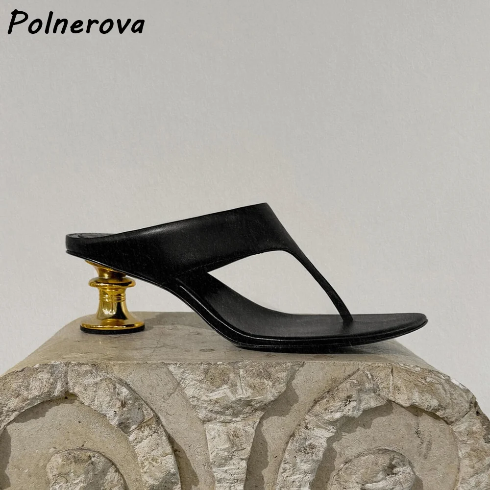 Square Toe T-Strap Slippers Thong Mule Unique Gold Bottle Kitten Heel Slip On Shoes Flip Flop Solid Minimalist Summer Shoes