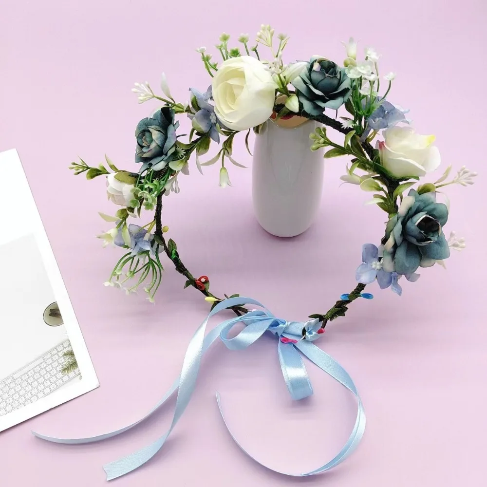 

Vintage Forest Flower Wreath Flower Plastic Flower Leaf Headbands Adjustable Ribbon Floral Headband Wedding