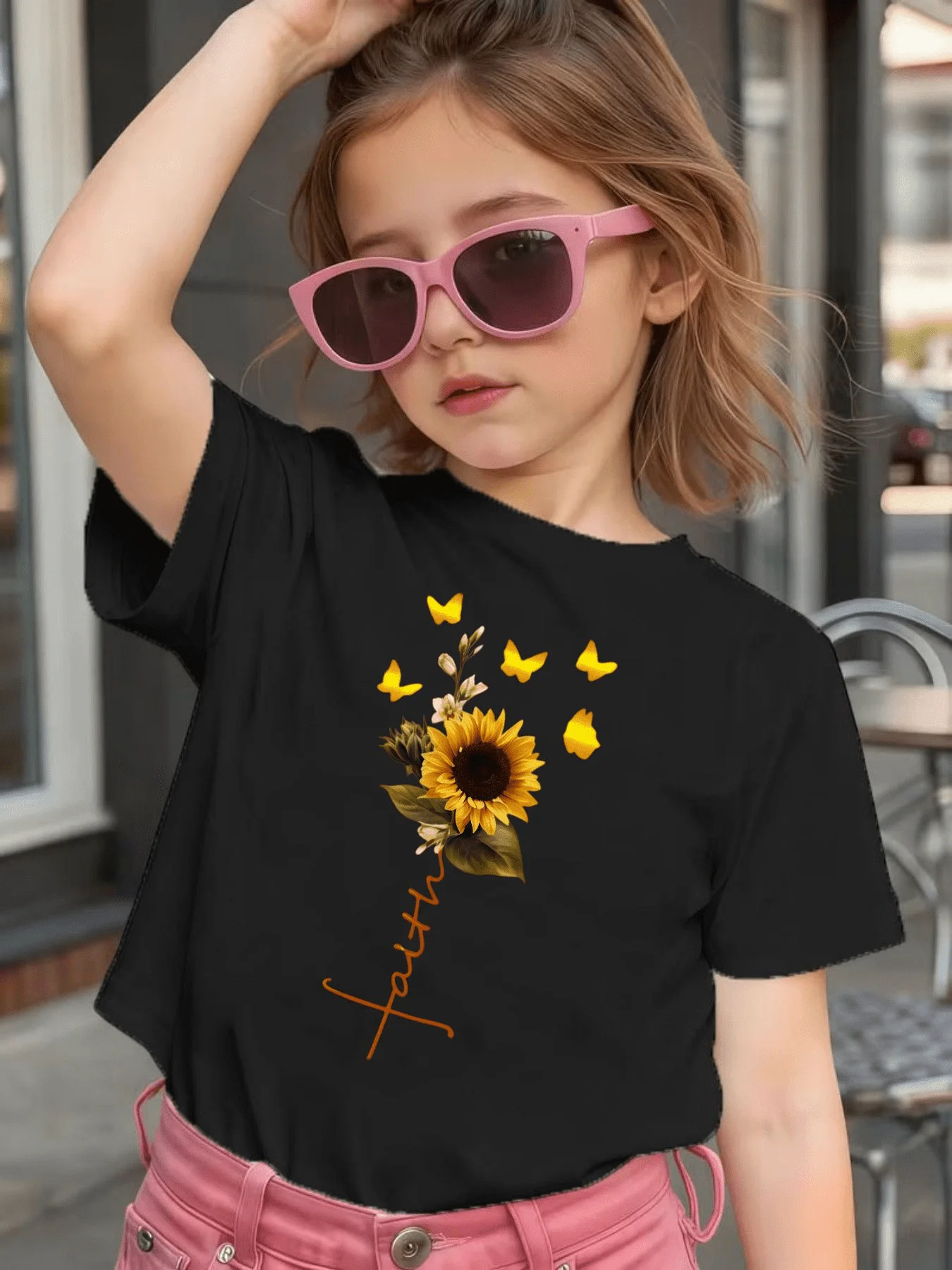 Cute Sunflower Faith Butterfly Graphic Kids Tee Boys Girls Family Matching Cotton Crew Neck Short Sleeve Soft Casual Summer Tee