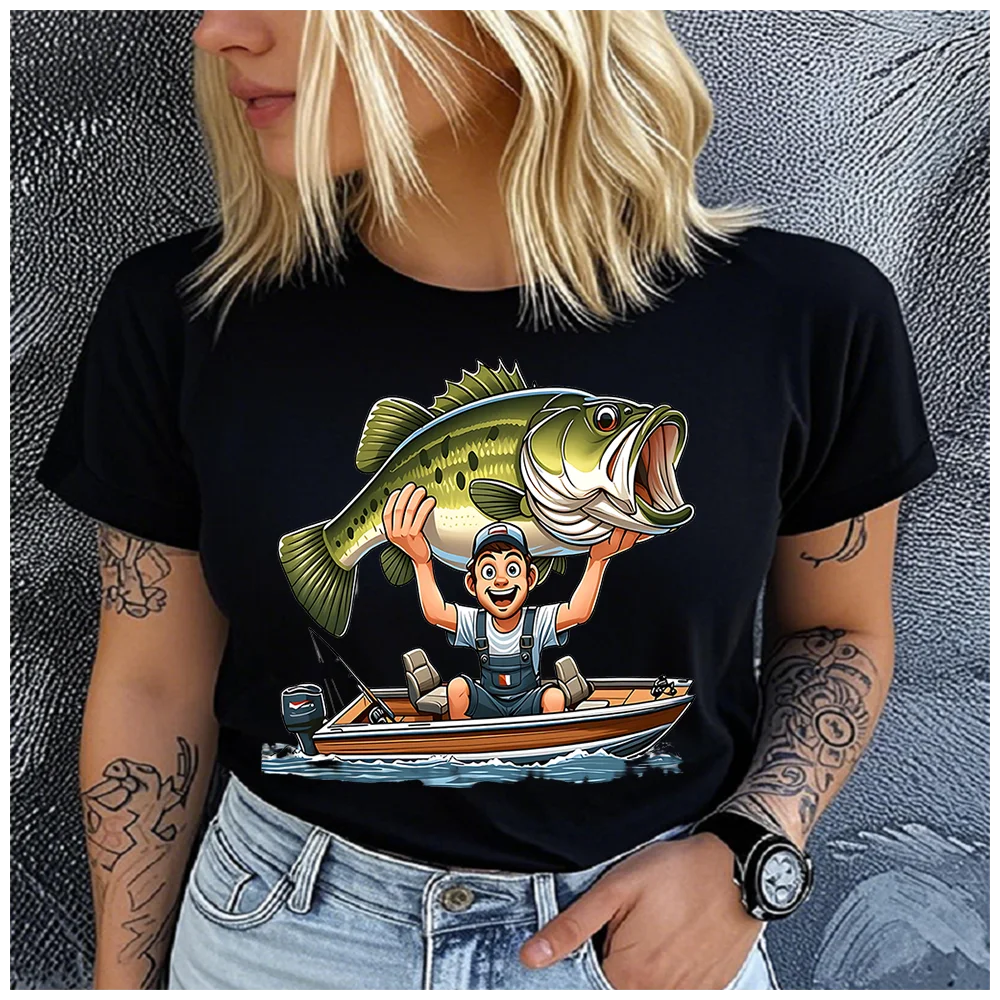 

Women's Cotton 100% fish and fishing boat Print T-shirt Loose round Neck Casual Short Sleeve Fashion Top Clothing Summer