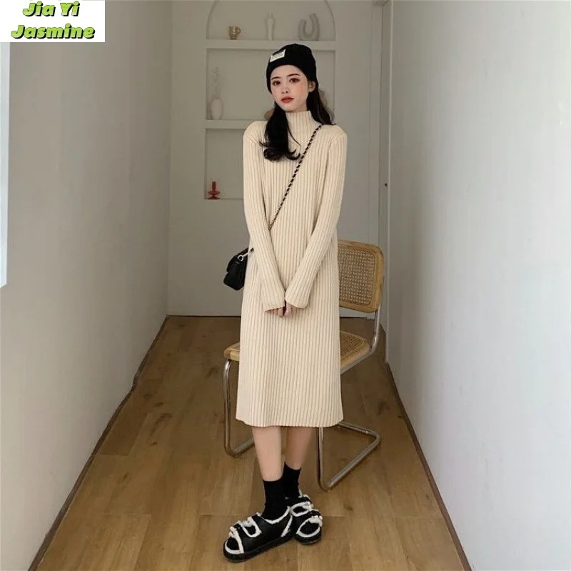 Autumn/Winter Korean Edition 2024 New Half High Collar Slim Medium Long Bottom Knitted Casual Long Sleeve Dress for Children