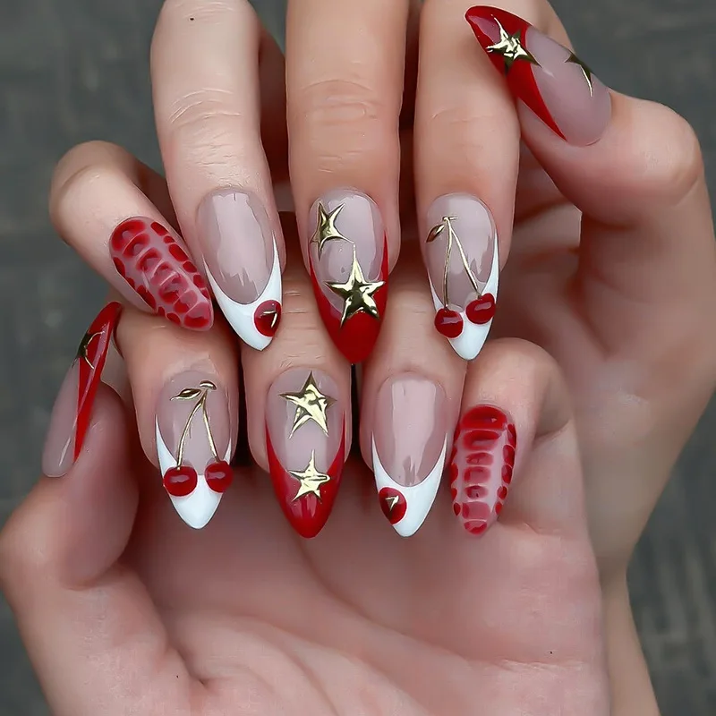 24pcs 3D Gilded Star Press-On Nails with Playful Cherry French Tips (White & Red Border), Long Almond Shape, Assorted Sizes