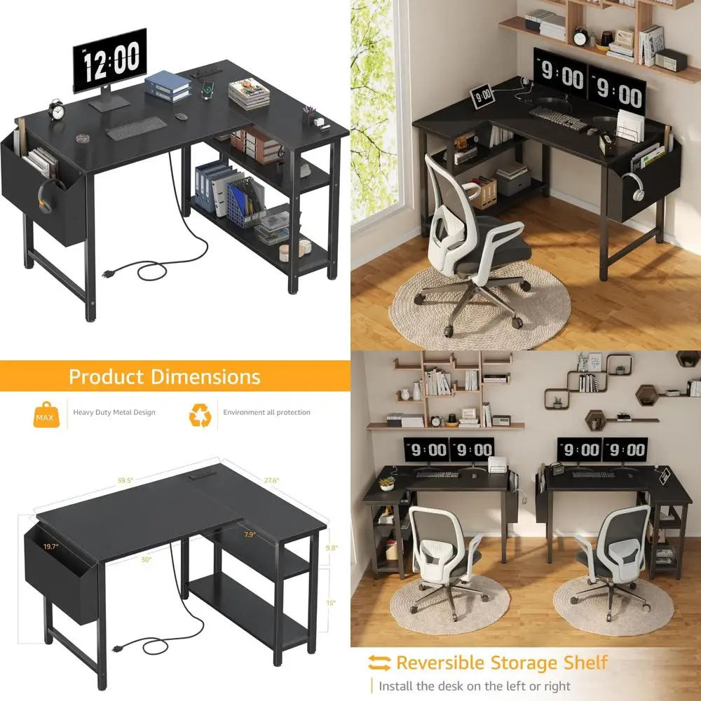 Meja Gaming Sudut Kompak dengan Rak dan Stopkontak, Meja Komputer Bentuk L 40 Inci untuk Ruang Sempit, Solusi Meja Kantor Rumah