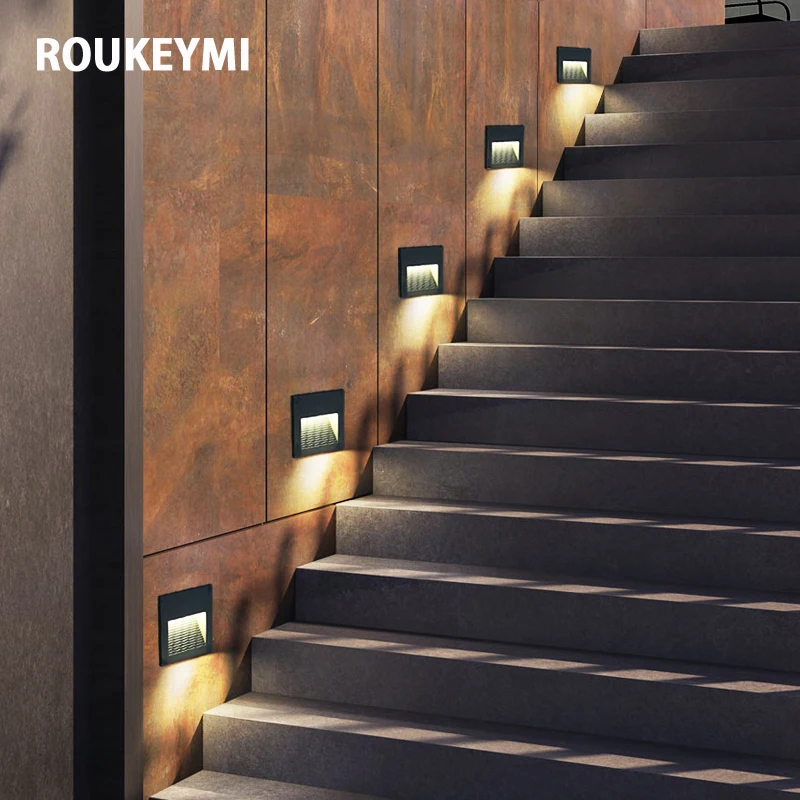 ROUKEYMI Interior Waterproof Staircase Light Aluminum Night Corner Sconce Fixture Home Outdoor Ressessed In Sensor Led Wall Lamp