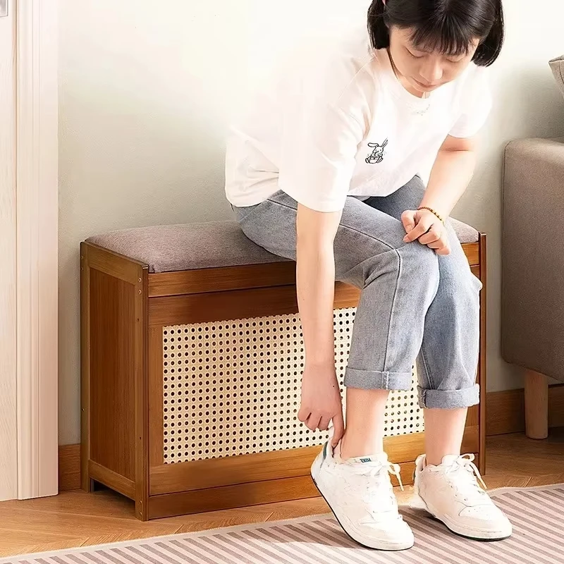 Ultra-Thin Double Tier Modern Home Entryway Bamboo Shoe Bench Rack Flip-Top Storage Breathable Indoor Shoe Cabinet (70x24x44cm)