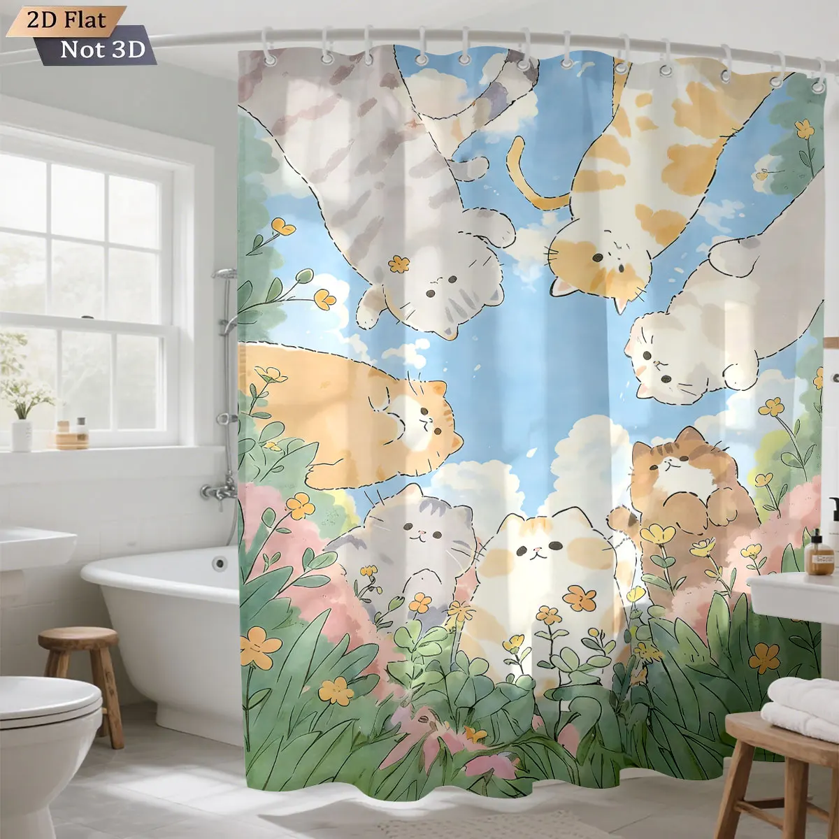 1pc Cute Cartoon Cat Printed Waterproof Shower Curtain Partition Privacy Hanging Curtain with  Hooks Multiple Sizes