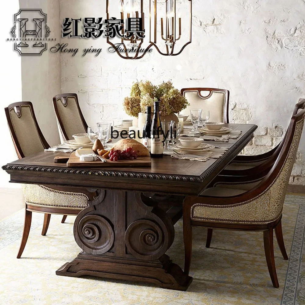 SS American solid wood carving flower dining table dining chair combination, conference table, retro furniture customization New