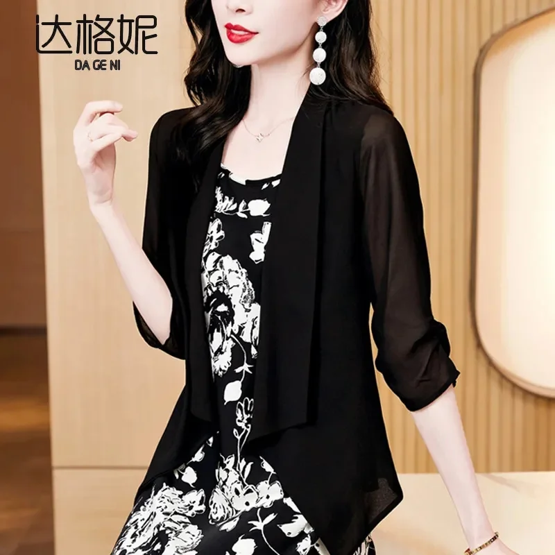 2024 Spring/Summer New Irregular 3/4 Sleeves Thin Sun Protection Clothing Women\'s Fashion Chiffon Air Conditioning Shirt Shawl