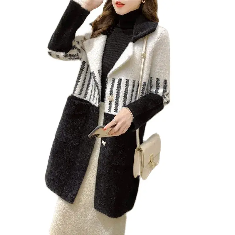 

Fashion Imitation Mink Velvet Knitted Sweaters Cardigan Female Mid-Length Autumn Winter Women's Woolen Coat Outerwear