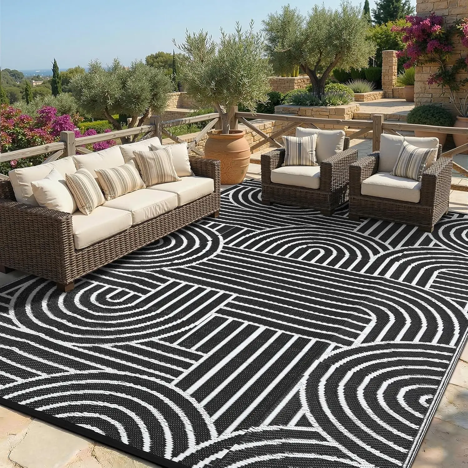Waterproof Outdoor Rug Diamond Border Reversible Plastic Straw Patio Camping Rugs Outdoor Indoor RV Mat Carpet for Patio Deck