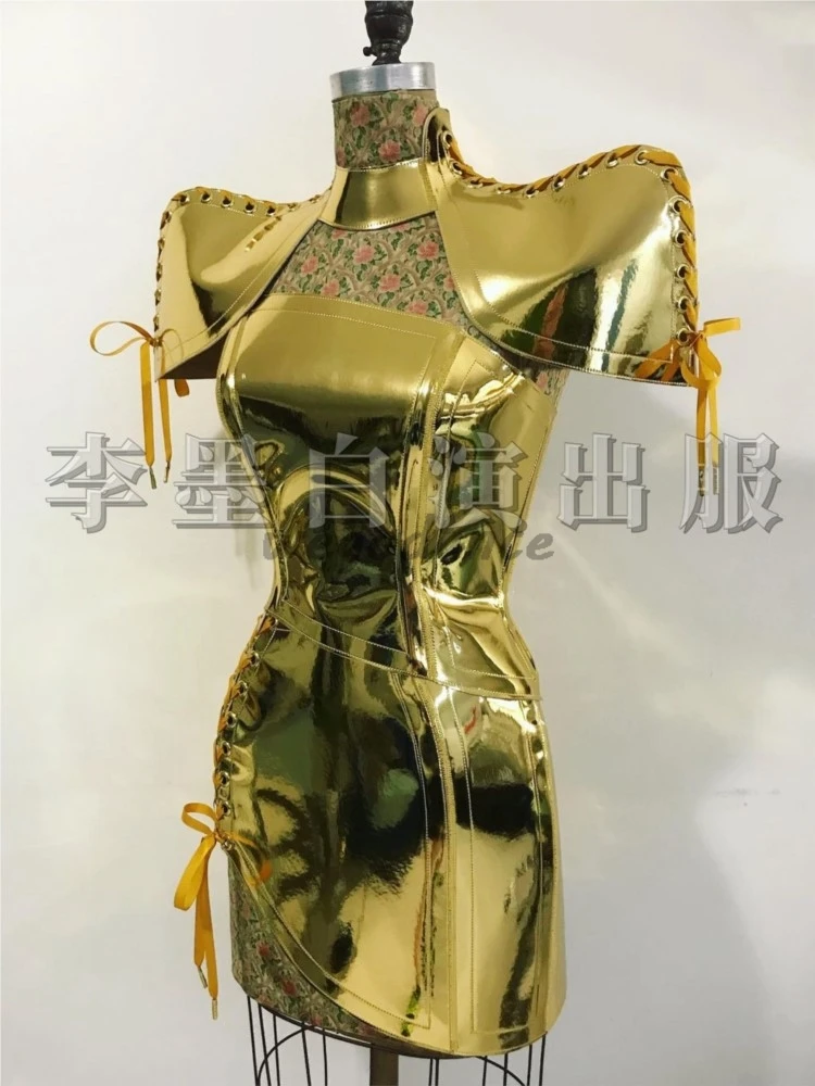 사용자 정의 골드 갑옷 드레스 여성을위한 멋진 메타 미래 감각 섹시한 고고 가수 공연 의상