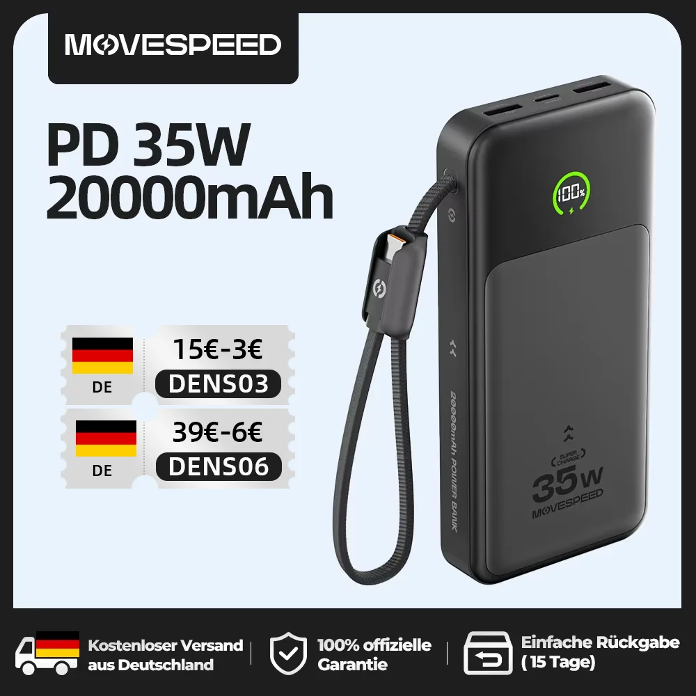 【CCC】MOVESPEED P20 Power Bank PD 35W Schnelles Laden 20000mAh Powerbank LFP-Akku Externes Ladegerät für iPhone Xiaomi Samsung