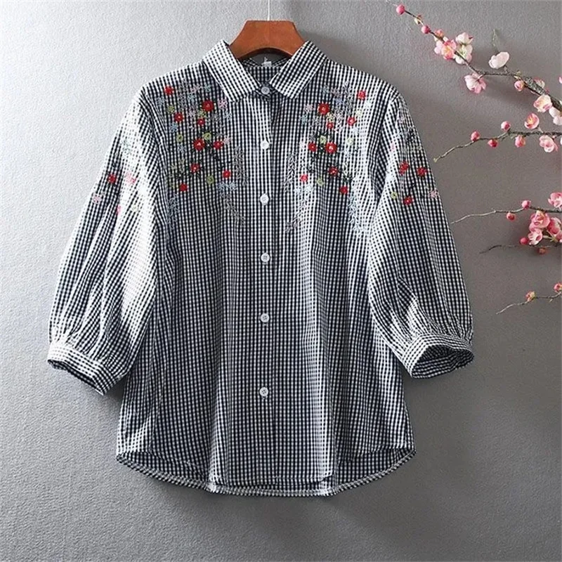 Shirts and Blouses New Temperament Literature Retro Small Fresh Embroidery Floral POLO Collar Loose Cropped Sleeve Shirt Blouse