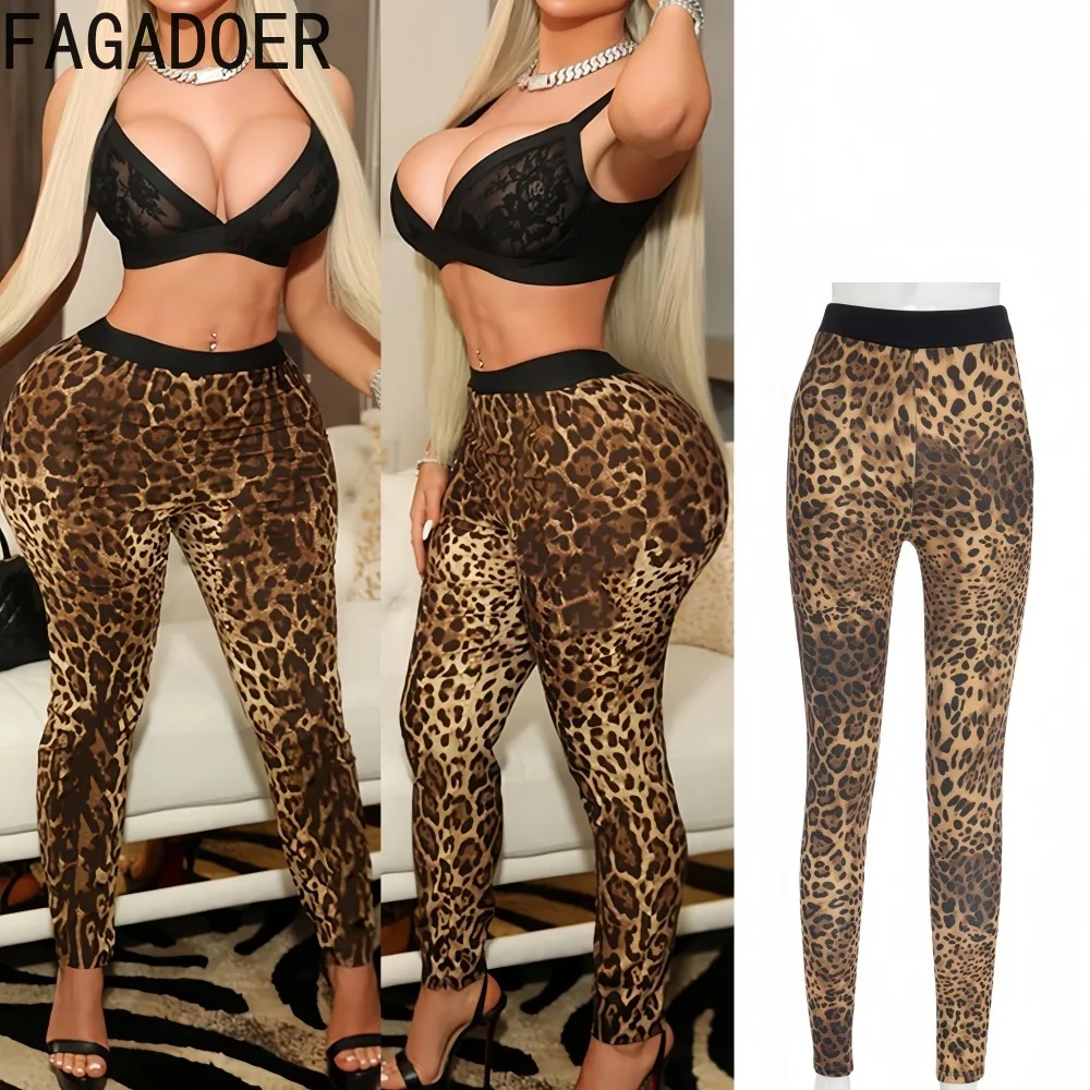

FAGADOER Sexy Leopard Print Elastic Pants Women Color Block High-waisted Straight Leggings Female Streetwear Bottoms 2025 New