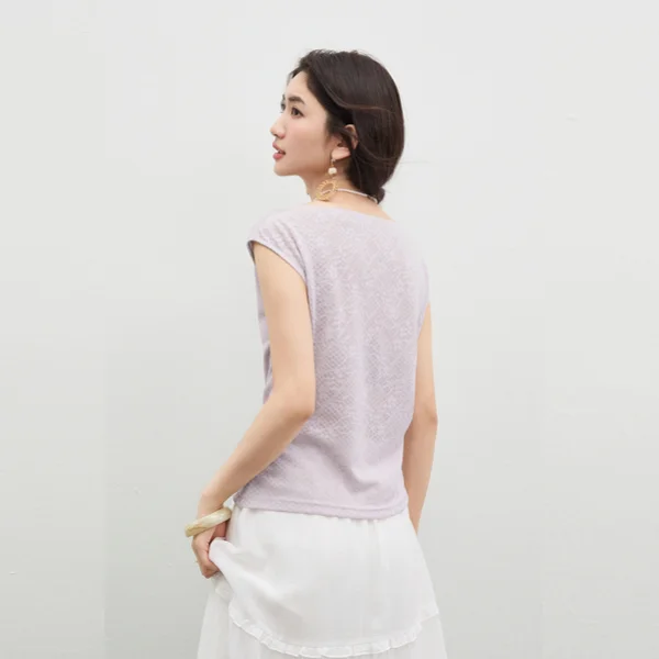 SENTUBILA Women's Two-Way Neck Top Elegant Purple 2026 Summer Ruched Hem Asymmetrical Design Textured Lace T-shirt 162SA4774
