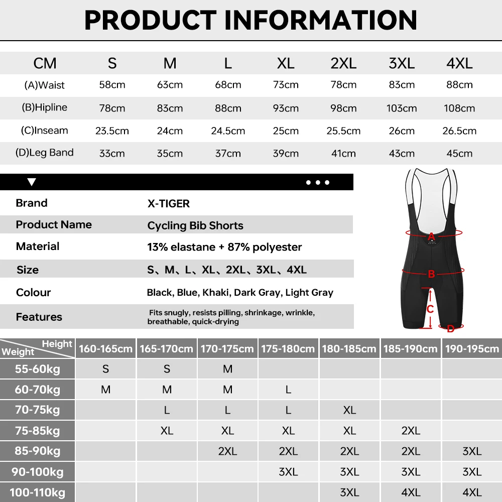 X-TIGER Men's Cycling Bib Shorts Summer High-Waisted Quick Dry