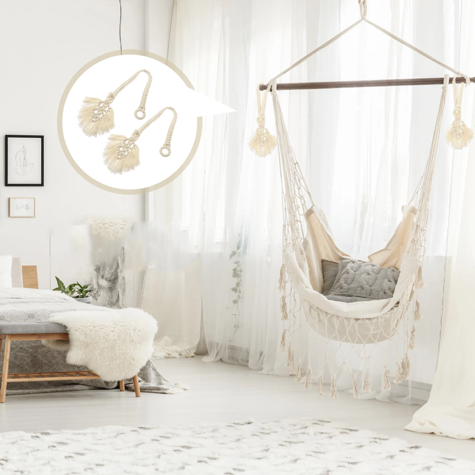 

2pcs Curtain Tiebacks Bead-Designed Cotton Rope Holders For Home Hotel Window Drapes Simple Style Curtain Straps Decor