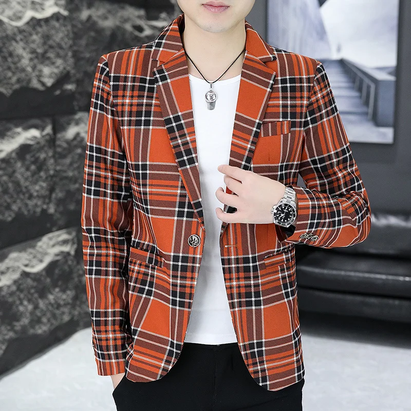 Autumn Korean Plaid Suit Jacket for Men Slim Fit Long Sleeve Casual Blazers Versatile Business Social Blazer Masculino