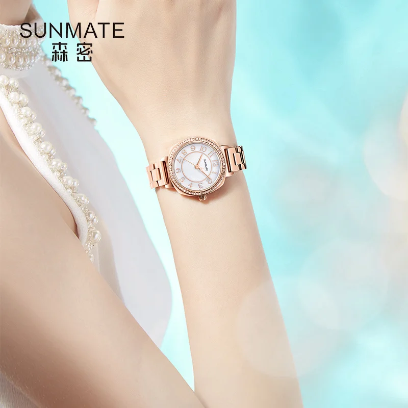 SUNMATE Luxury Ladies' Diamond Watch, Stylish Waterproof Stainless Steel Strap, Analog Arabic Numeral Design, Watch Box Included