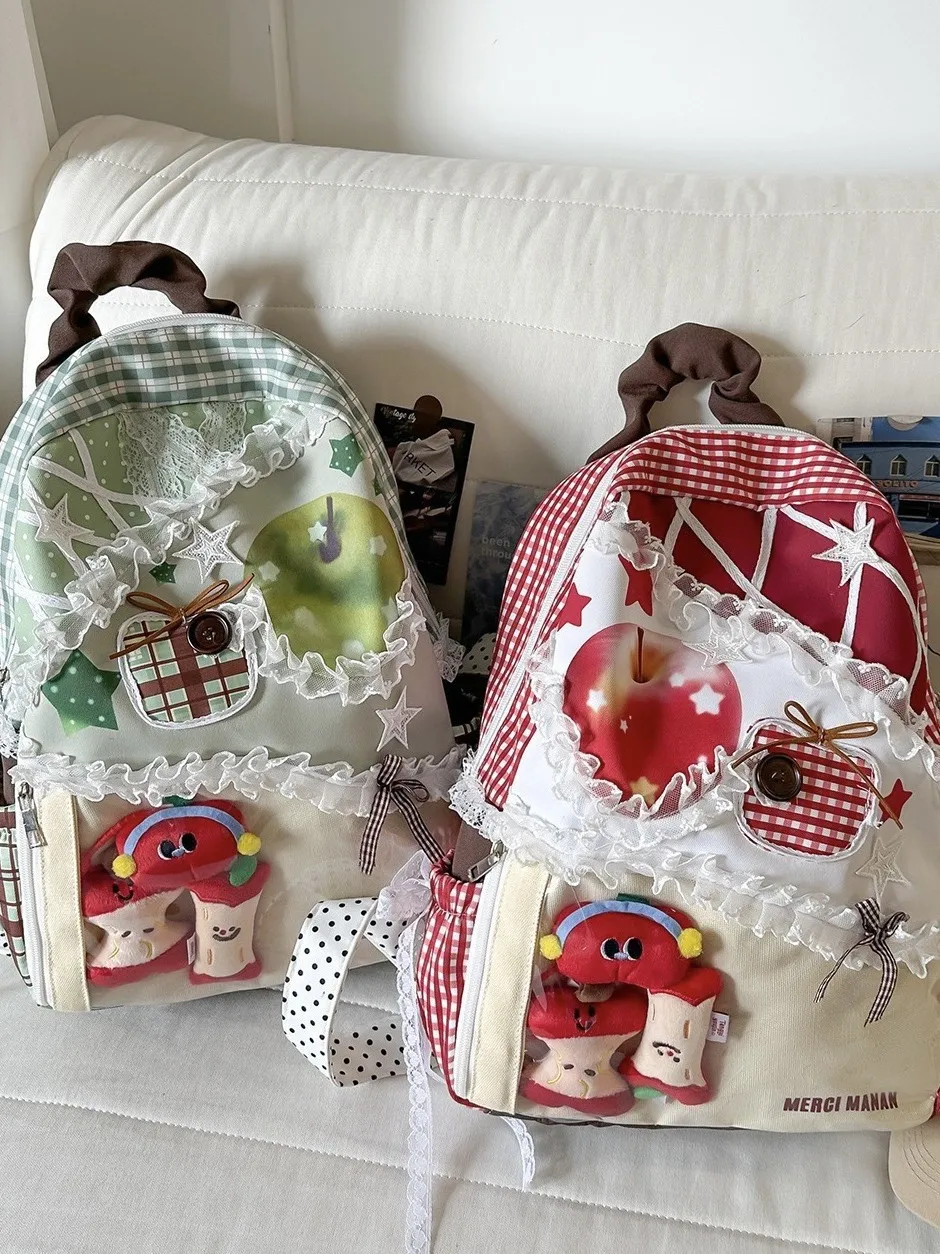 Cute Apple Pattern Plaid Backpack For Women Lolita Lace Splicing Bag Fresh Girls Style Daily Commute School Short Trip Backpack