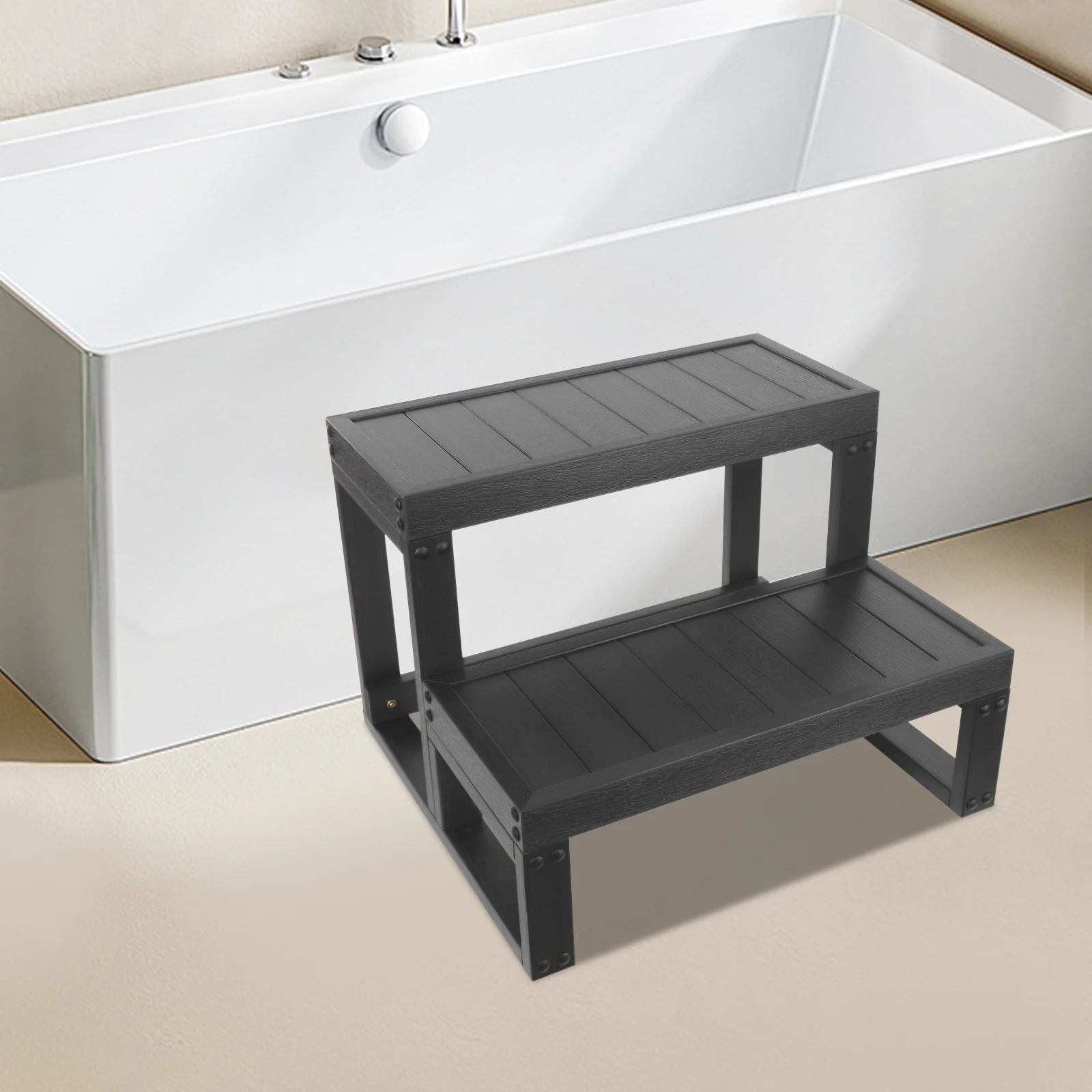 2-Step Hot Tub Step Black Nonslip Foot Stool WPC Wash Feet Step Ladder Bathroom Sink Step Stool for Home Outdoor