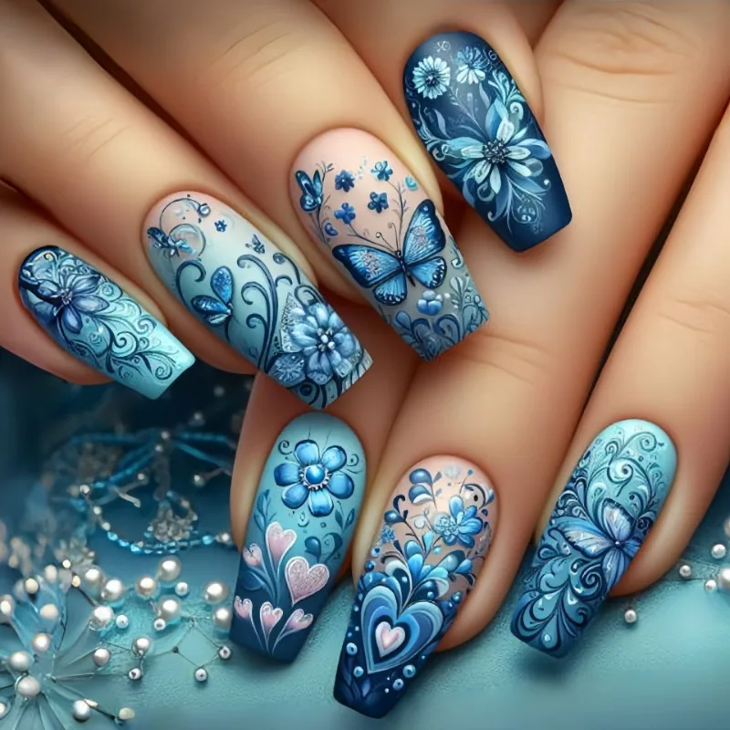 24 pçs de comprimento médio ballet unhas falsas longo azul floral borboleta caixão dedo dicas de unhas barato imprensa em unhas acrílicas removíveis