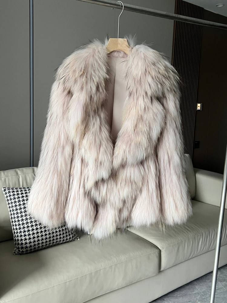 ใหม่ Raccoon Fur ทอเสื้อขนสัตว์ผู้หญิง Ruffle Collar Design