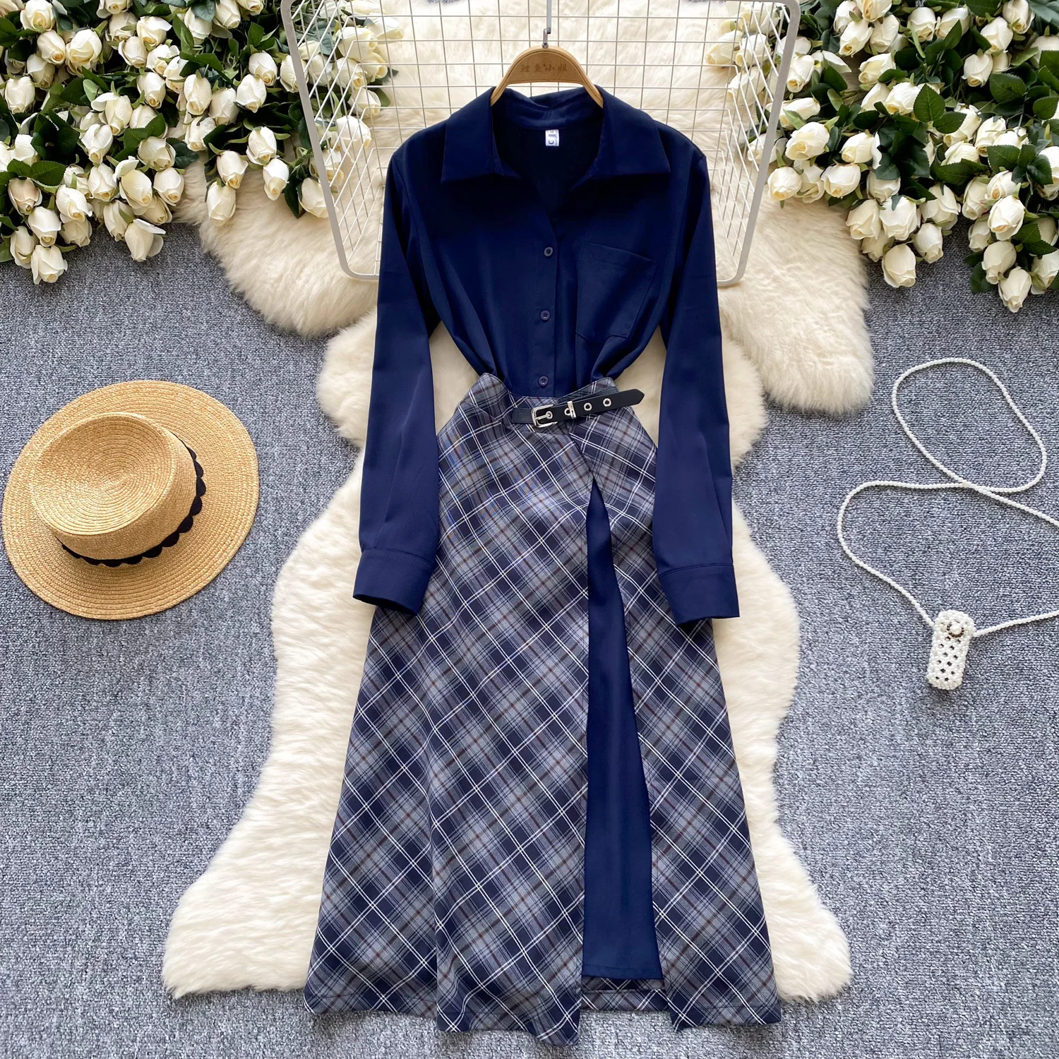 

Office Lady Pachwork Dresses Vestidos Long-sleeved Lapel Shirt Spliced High Waist Plaid Pleated Midi Dress