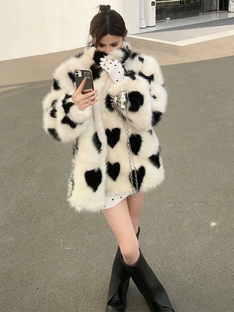 Faux Fur Coat Love Shaped Women's Winter Fox Faux Fur Jackets Korean Plush Jacket Thick Warm Synthetic Fur  Coat Overcoat