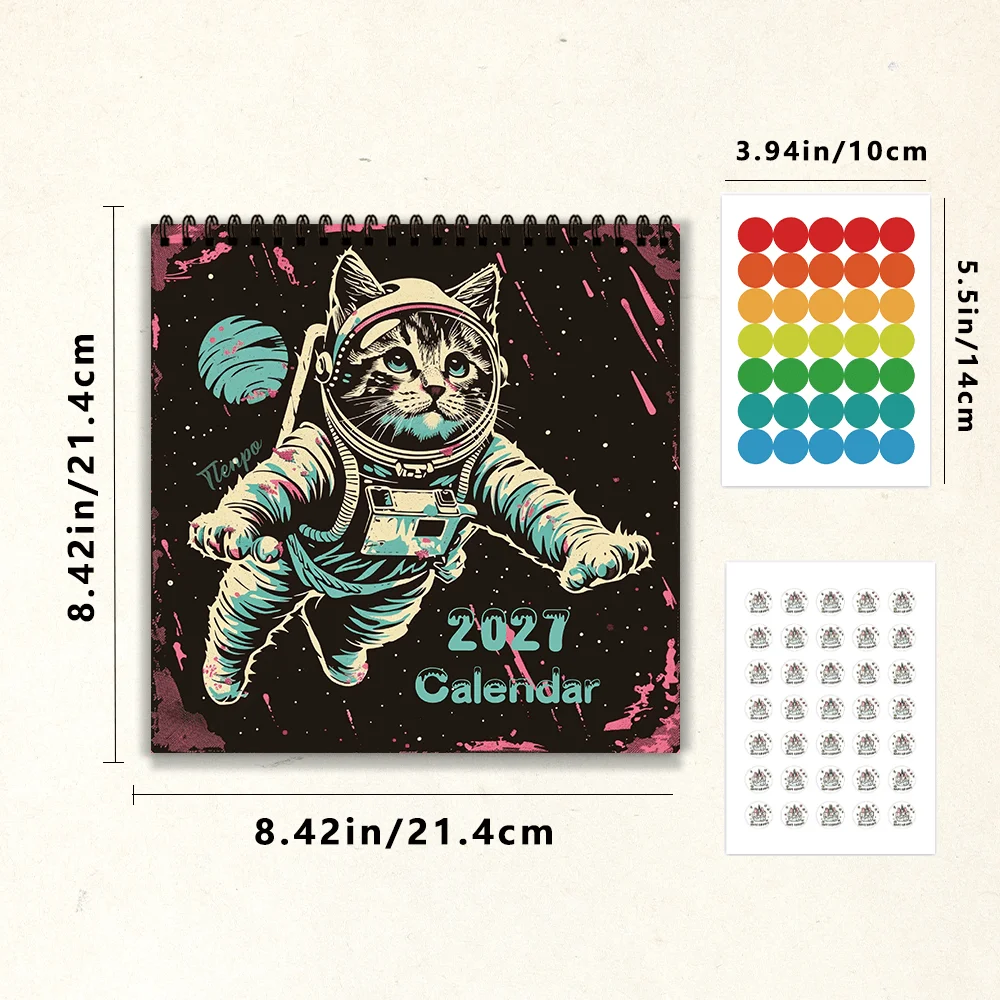 1pc 2027 Space Astronaut Cat Wall Calendar,12‑Month Planner,Gift For Back‑to‑School,Christmas,New Year,Free Stickers Included
