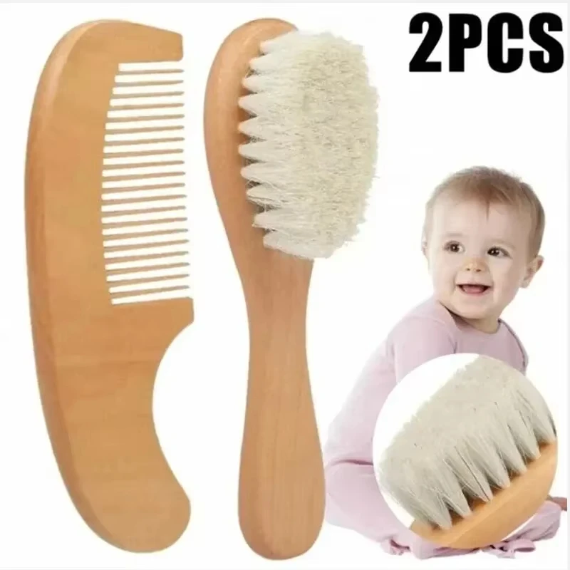 

2pcs Newborn Wool Baby Wooden Brush Comb Newborn Hair Brush Infant Head Massager Portable Comb Hair Bath Brush Comb