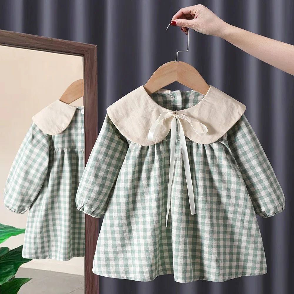 Girl's Sweet Princess Dress Children Baby Infants Kids Spring Autumn  Bow Plaided Patchwork Party Dresses Vestidos