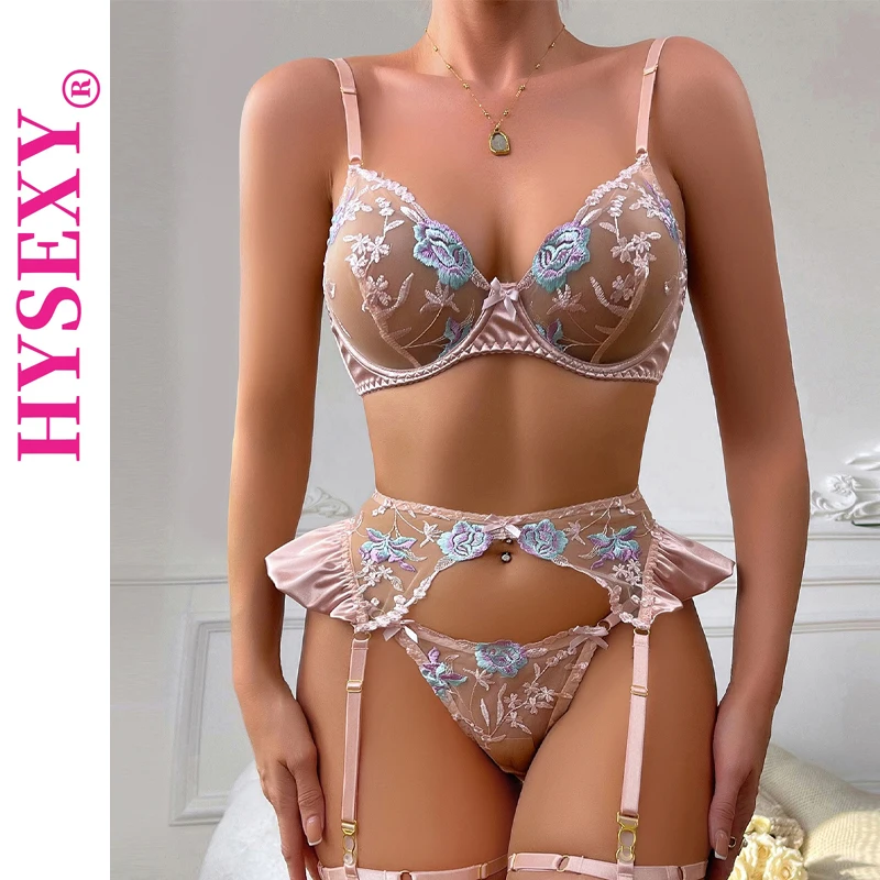 

HYSEXY Lingeries Garter Sets Baby Doll Lingerie Woman Sexy Outfit Flower Embroidery Women See Through Erotic Underwear Sex Suit