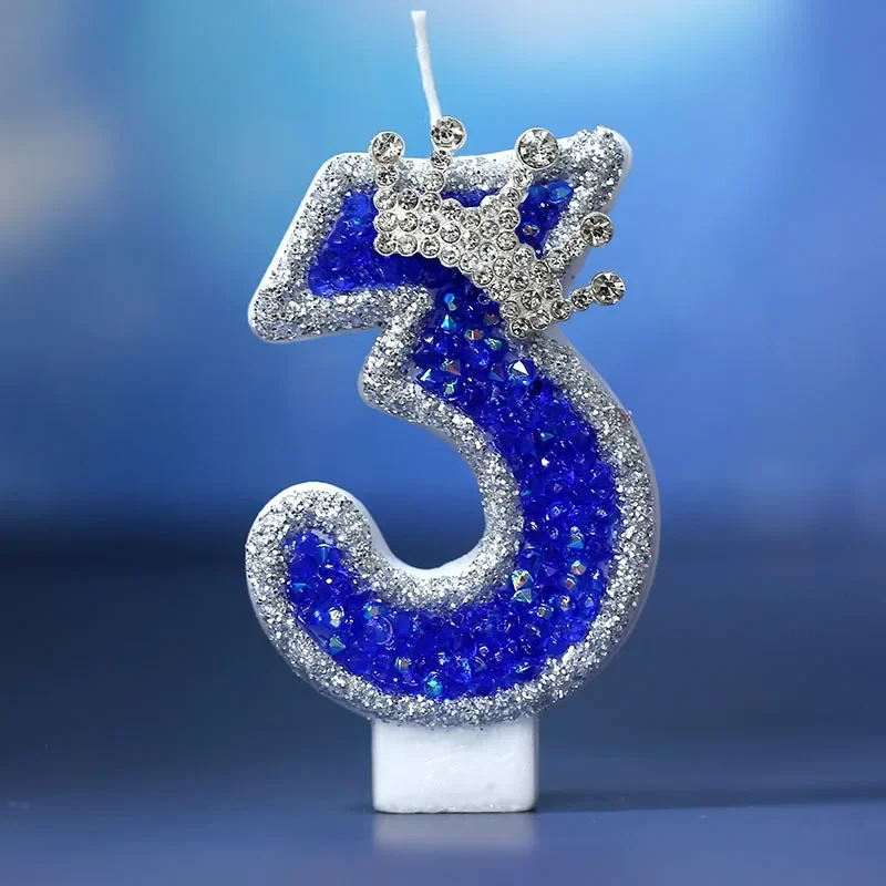 Blue rhinestone crown birthday candle, silver sparkling numbers, girl's party birthday cake decoration