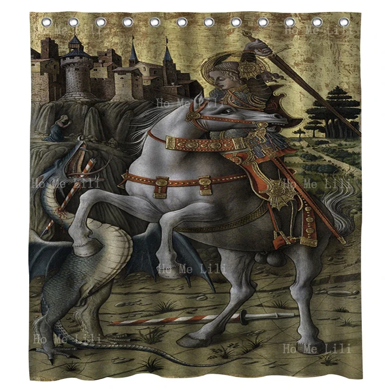 The Legend Of Saint George On Horse Taming And Slaying A Dragon Sacrifices Religious Oil Painting Shower Curtains By Ho Me Lili