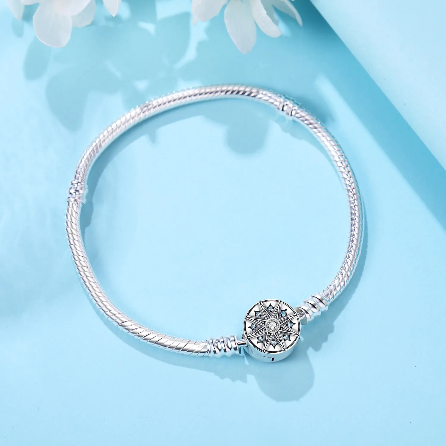 MISEFF S925 Silver Plated Bracelet Original 17-20CM Heart, Moon, Sun, Eight-Pointed Star Bracelets Fit DIY Charms Jewelry Gift