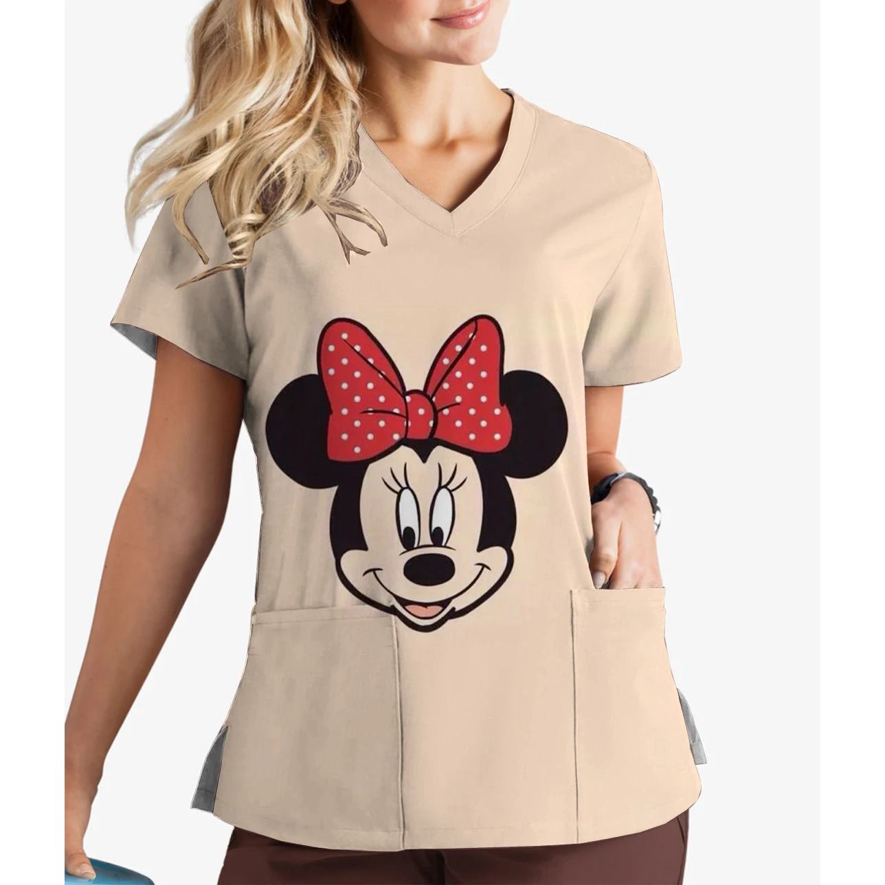 Disney Mickey Minnie print summer women's new short-sleeved V-neck scrub casual nurse uniform dentist pocket work uniform