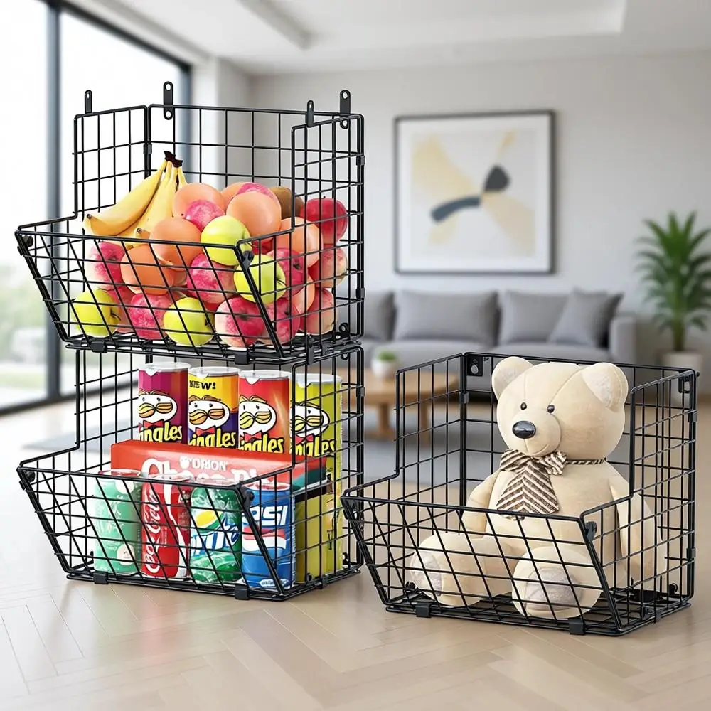 

3-Tier Metal Wall Basket Organizer with Hooks, Kitchen Fruit & Veggie Storage, Black